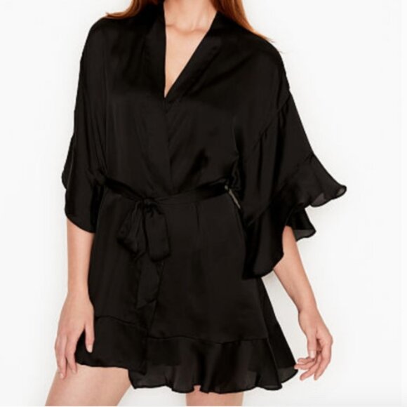 Victoria's Secret Black Satin Robe Flutter Sleeves Size XS Small - Picture 4 of 10